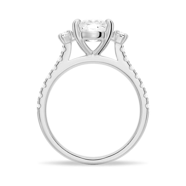 Three Stone Cushion & Half Moon Moissanite Engagement Ring with Pavé Band