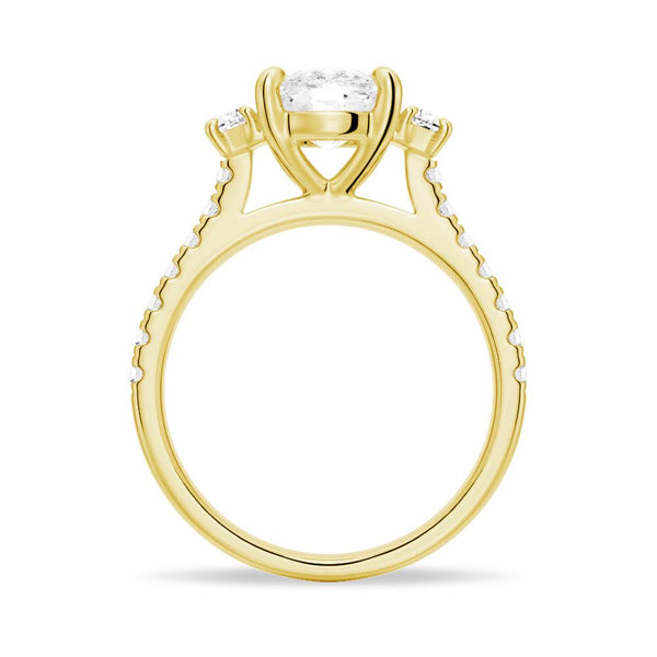 Three Stone Cushion & Half Moon Moissanite Engagement Ring with Pavé Band