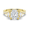 Three Stone Cushion & Half Moon Moissanite Engagement Ring with Pavé Band
