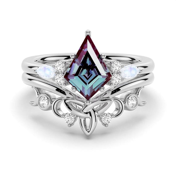 2 CT. Art Deco Unique Kite Cut Alexandrite Engagement Ring Set With Moonstone Accents