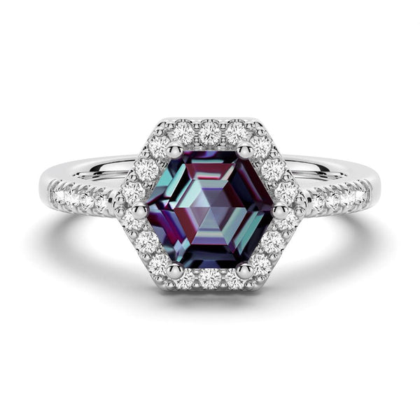 1.5 CT. Hexagon Cut Alexandrite Engagement Ring With Moissanite Halo Pavé