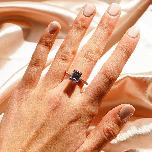 3 CT. Emerald Cut Alexandrite Engagement Ring With Moissanite Hidden Halo