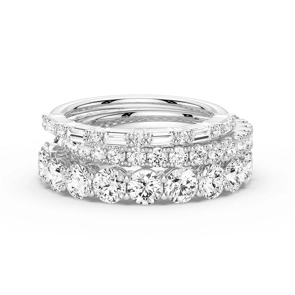 Round and Baguette Cut Moissanite Bands with French Pave Band Stacking Rings