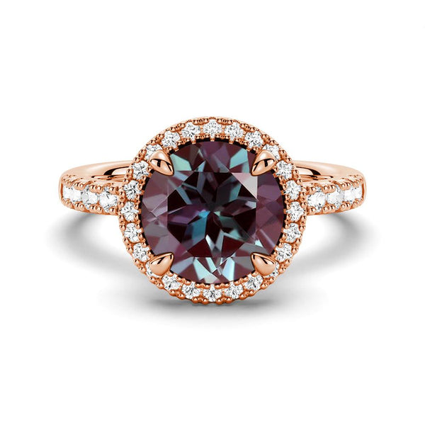 3 CT. Round Cut Alexandrite Engagement Ring With Moissanite Halo Pavé