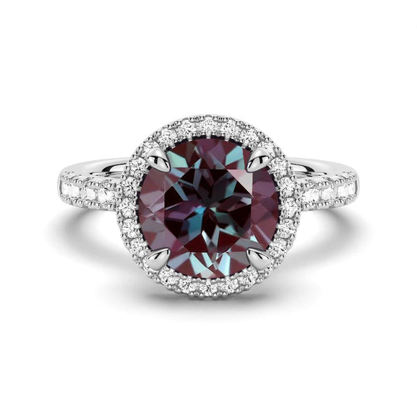 3 CT. Round Cut Alexandrite Engagement Ring With Moissanite Halo Pavé