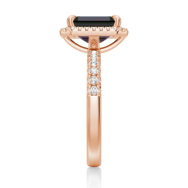 3 CT. Emerald Cut Alexandrite Engagement Ring With Moissanite Halo Pavé