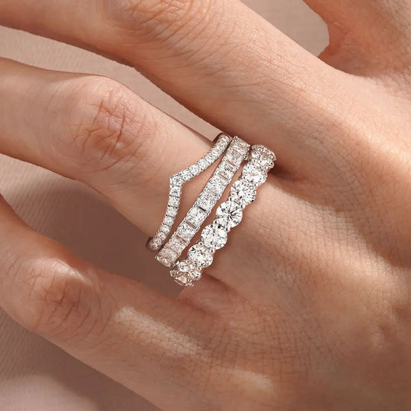 Round And Princess Moissanite Eternity Bands with Curved V Wedding Stacking Rings