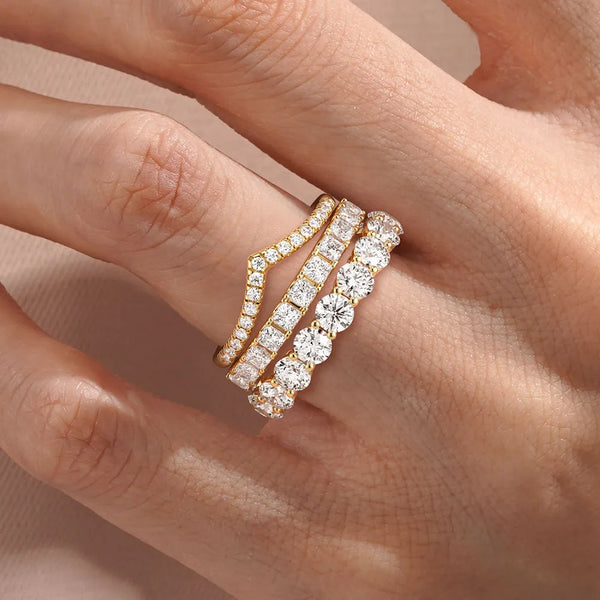 Round And Princess Moissanite Eternity Bands with Curved V Wedding Stacking Rings