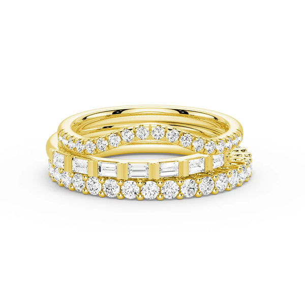 Baguette and Round Cut Moissanite Wedding Bands with French Pave Band Stacking Rings