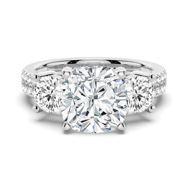 Double Row Pave Three Stone Cushion Cut Moissanite Engagement Ring