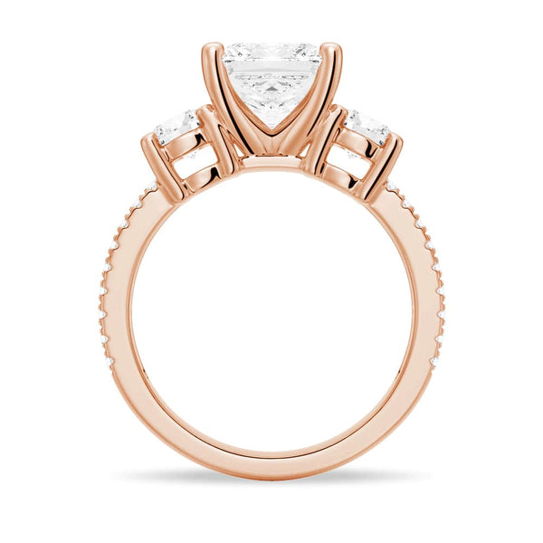 Double Row Pave Three Stone Princess Cut Moissanite Engagement Ring