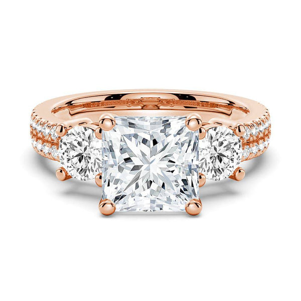 Double Row Pave Three Stone Princess Cut Moissanite Engagement Ring