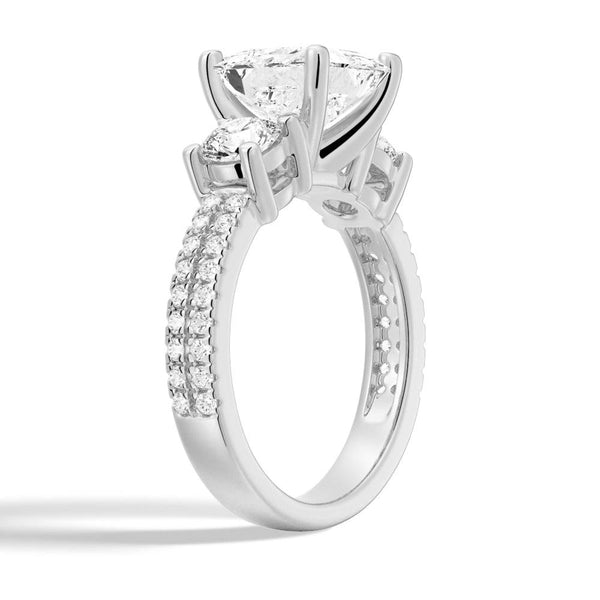 Double Row Pave Three Stone Princess Cut Moissanite Engagement Ring