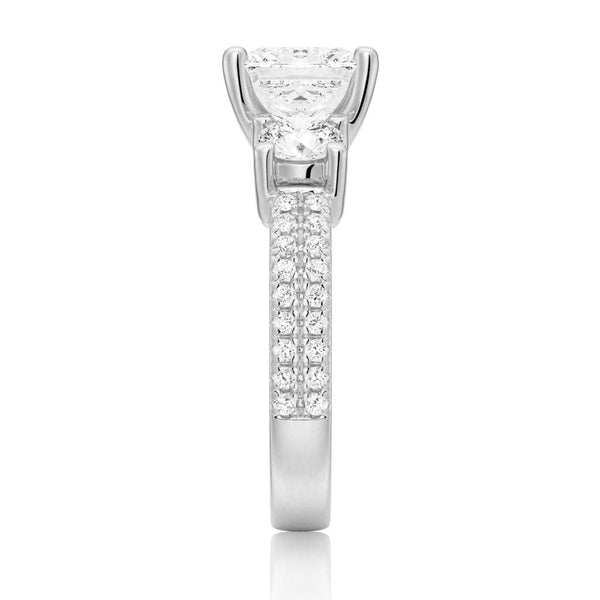 Double Row Pave Three Stone Princess Cut Moissanite Engagement Ring