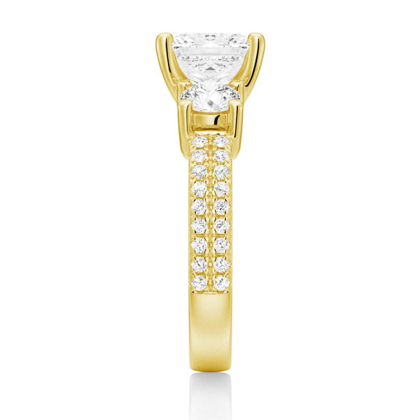 Double Row Pave Three Stone Princess Cut Moissanite Engagement Ring