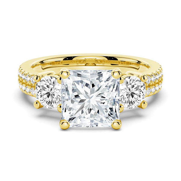 Double Row Pave Three Stone Princess Cut Moissanite Engagement Ring