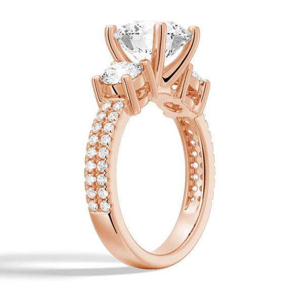 Double Row Pave Three Stone Round Cut Moissanite Engagement Ring