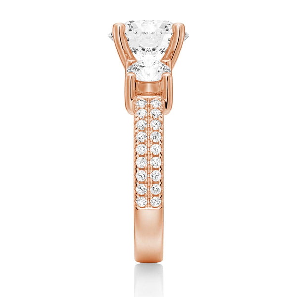 Double Row Pave Three Stone Round Cut Moissanite Engagement Ring