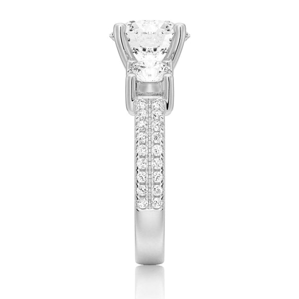 Double Row Pave Three Stone Round Cut Moissanite Engagement Ring