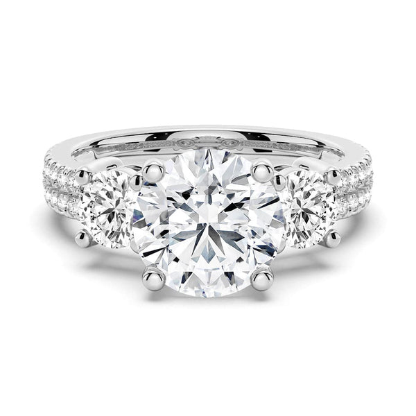 Double Row Pave Three Stone Round Cut Moissanite Engagement Ring