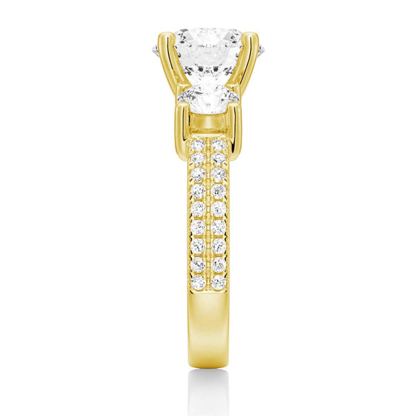 Double Row Pave Three Stone Round Cut Moissanite Engagement Ring