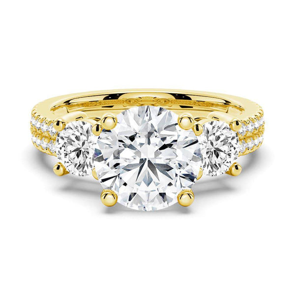Double Row Pave Three Stone Round Cut Moissanite Engagement Ring