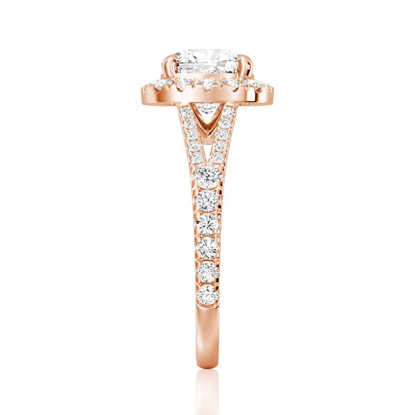 Halo Cushion Cut Split Shank Moissanite Ring Set with Matching Wedding Band