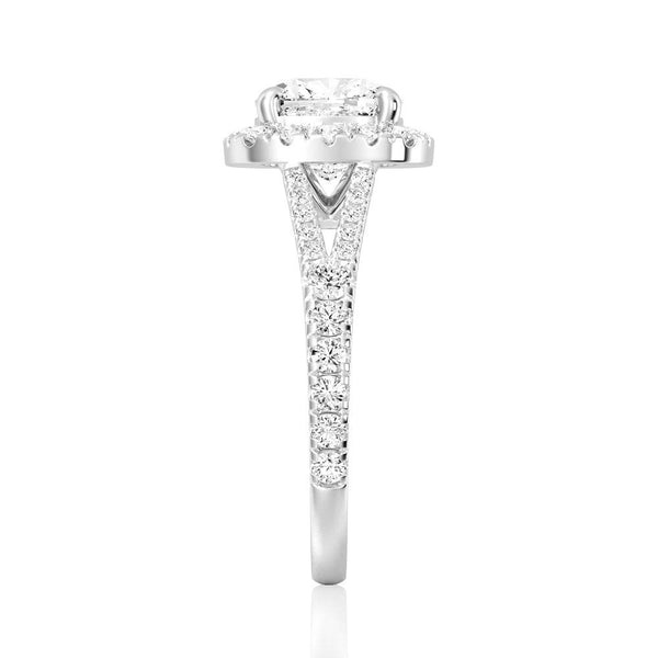 Halo Cushion Cut Split Shank Moissanite Ring Set with Matching Wedding Band