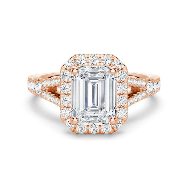 Emerald Cut Split Shank Moissanite Halo Engagement Ring