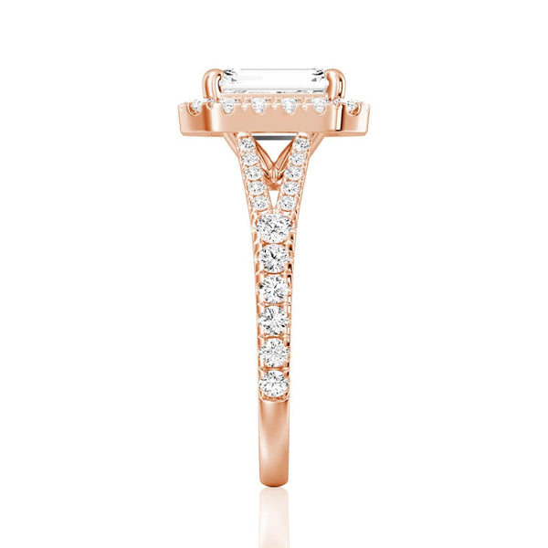 Emerald Cut Split Shank Moissanite Halo Engagement Ring
