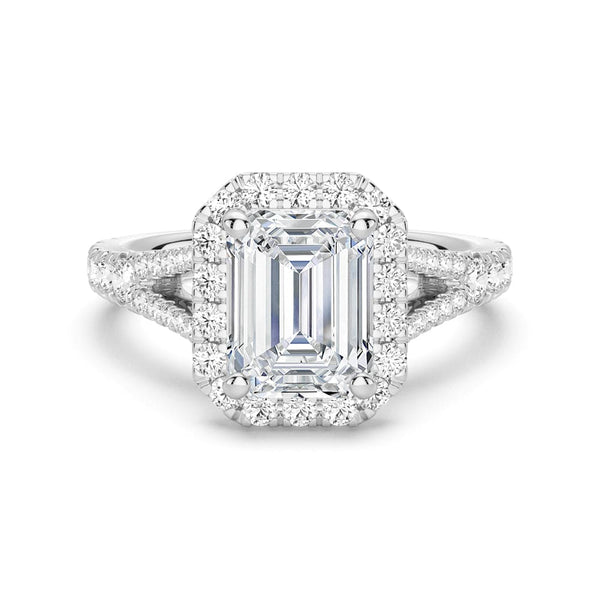 Emerald Cut Split Shank Moissanite Halo Engagement Ring