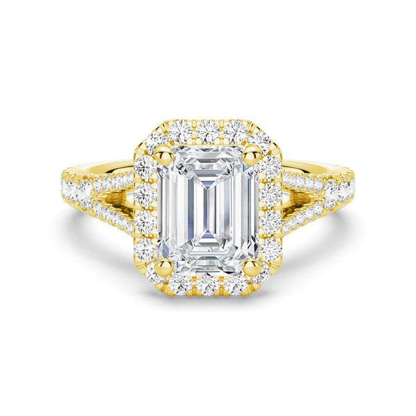 Emerald Cut Split Shank Moissanite Halo Engagement Ring