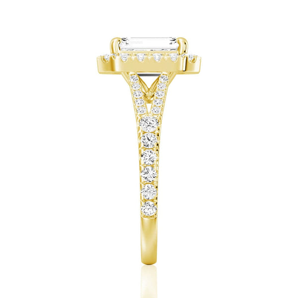 Emerald Cut Split Shank Moissanite Halo Engagement Ring
