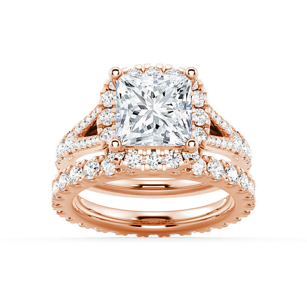 Princess Cut Split Shank Halo Moissanite Ring Set with Matching Wedding Band