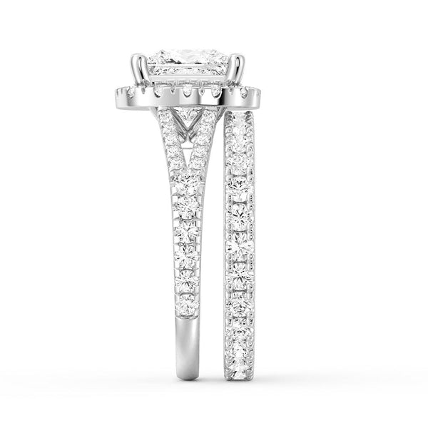 Princess Cut Split Shank Halo Moissanite Ring Set with Matching Wedding Band
