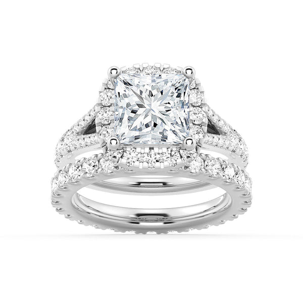 Princess Cut Split Shank Halo Moissanite Ring Set with Matching Wedding Band