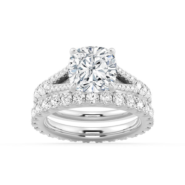 Cushion Cut Split Shank Moissanite Ring Set with Matching Wedding Band
