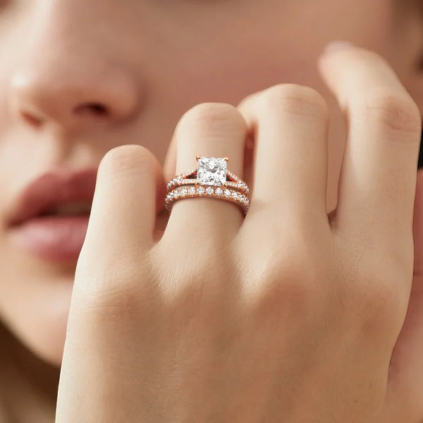 Princess Cut Split Shank Moissanite Ring Set with Matching Wedding Band