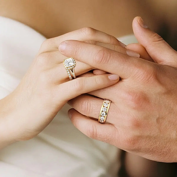 Princess Cut Split Shank Halo Moissanite Couple's Ring Set with Men's Wedding Band