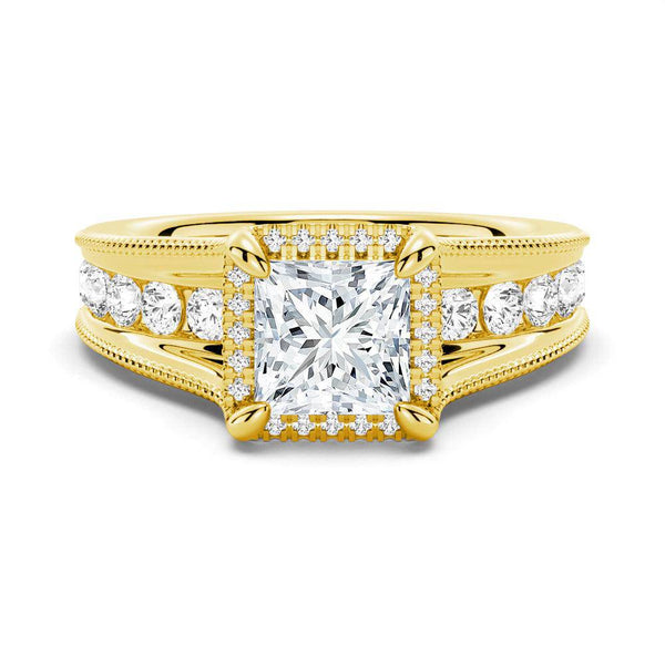 Milgrain Vintage Princess Cut & Round Moissanite Engagement Ring