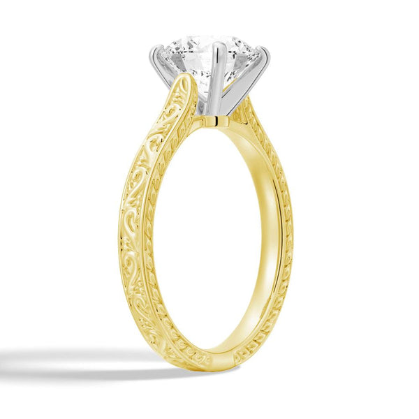 Vintage Two Tone Round Moissanite Engagement Ring With Milgrain Edges