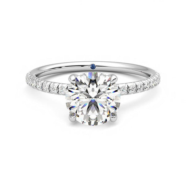 Four Prong Round Moissanite Engagement Ring with Hidden Anniversary Stone Accent