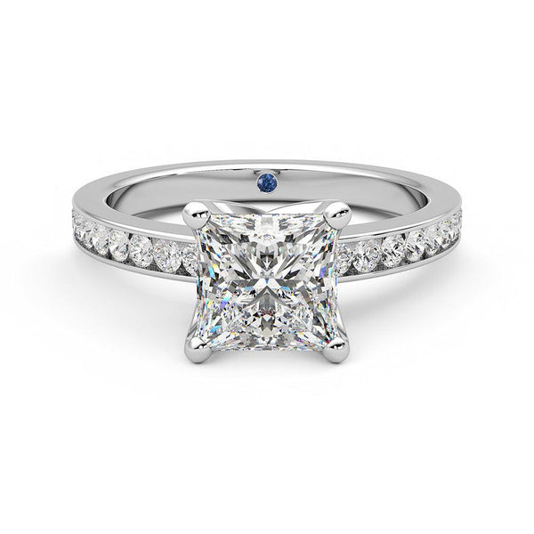Princess Cut Moissanite Engagement Ring with Hidden Anniversary Stone and Channel Set Side Stones