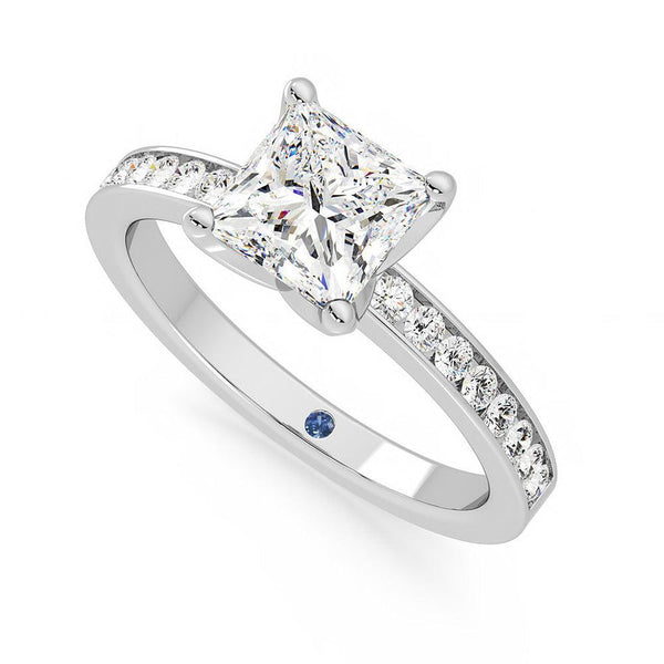 Princess Cut Moissanite Engagement Ring with Hidden Anniversary Stone and Channel Set Side Stones