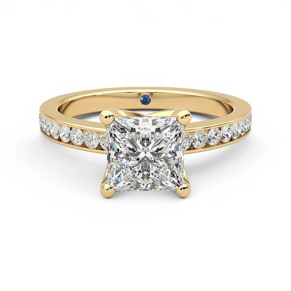 Princess Cut Moissanite Engagement Ring with Hidden Anniversary Stone and Channel Set Side Stones