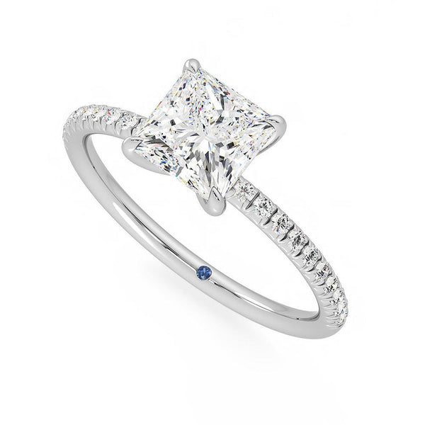 Four Prong Princess Cut Moissanite Engagement Ring with Hidden Anniversary Stone Accent