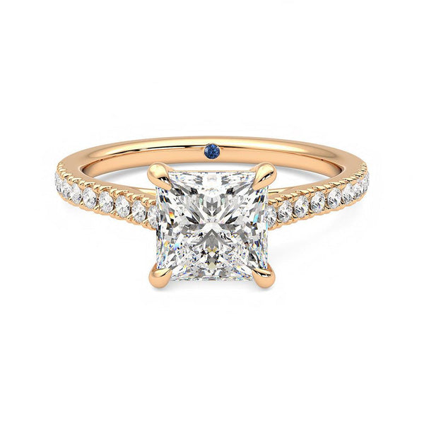 Princess Cut Moissanite Engagement Ring with Hidden Anniversary Stone and Pavé Accents