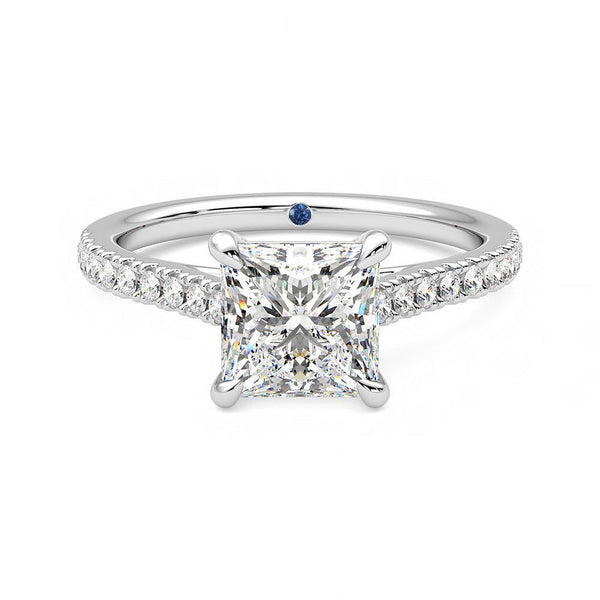 Princess Cut Moissanite Engagement Ring with Hidden Anniversary Stone and Pavé Accents
