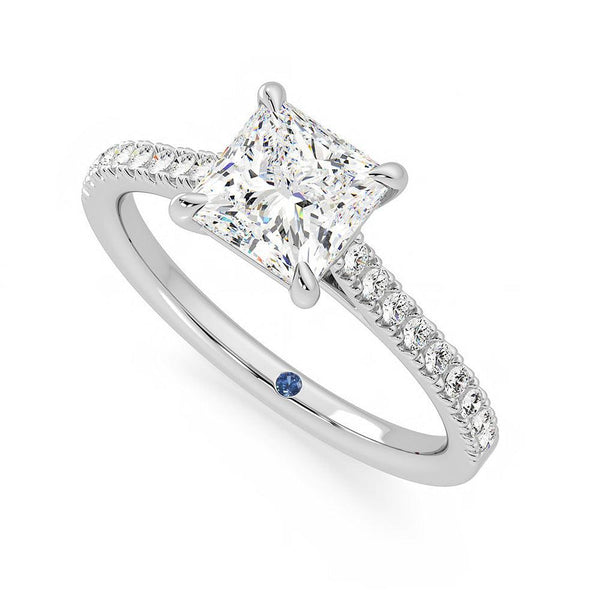 Princess Cut Moissanite Engagement Ring with Hidden Anniversary Stone and Pavé Accents