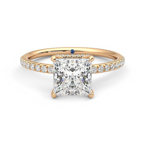 Princess Cut Moissanite Engagement Ring with Hidden Halo and Anniversary Stone Accent